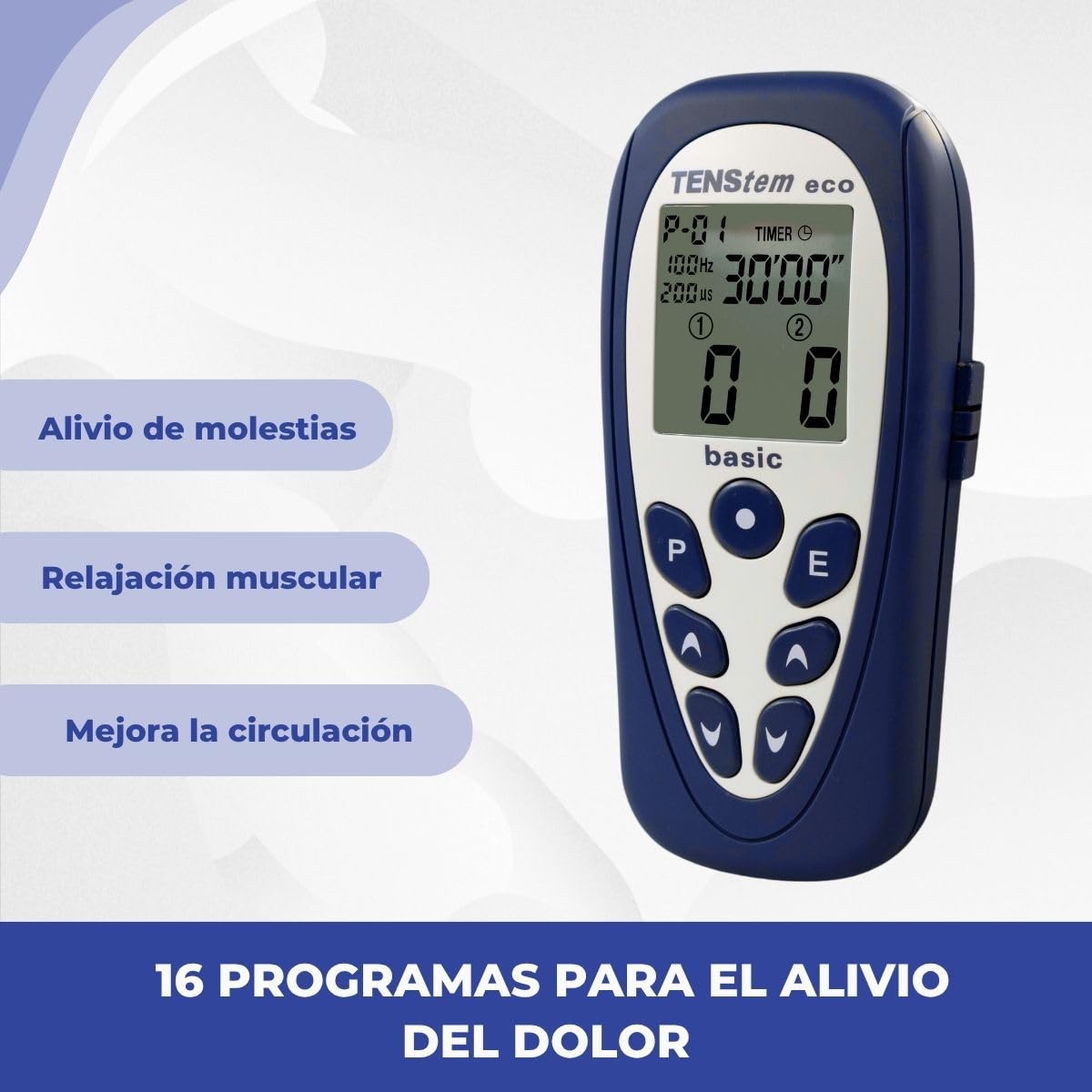 Tens Eco Basic, Electroestimulador Portátil, 2 Canales, 12 Programas + 4 Personalizables, Alivio del Dolor, Estimulación Muscular e Iontoforesis No Invasiva, Pantalla LCD