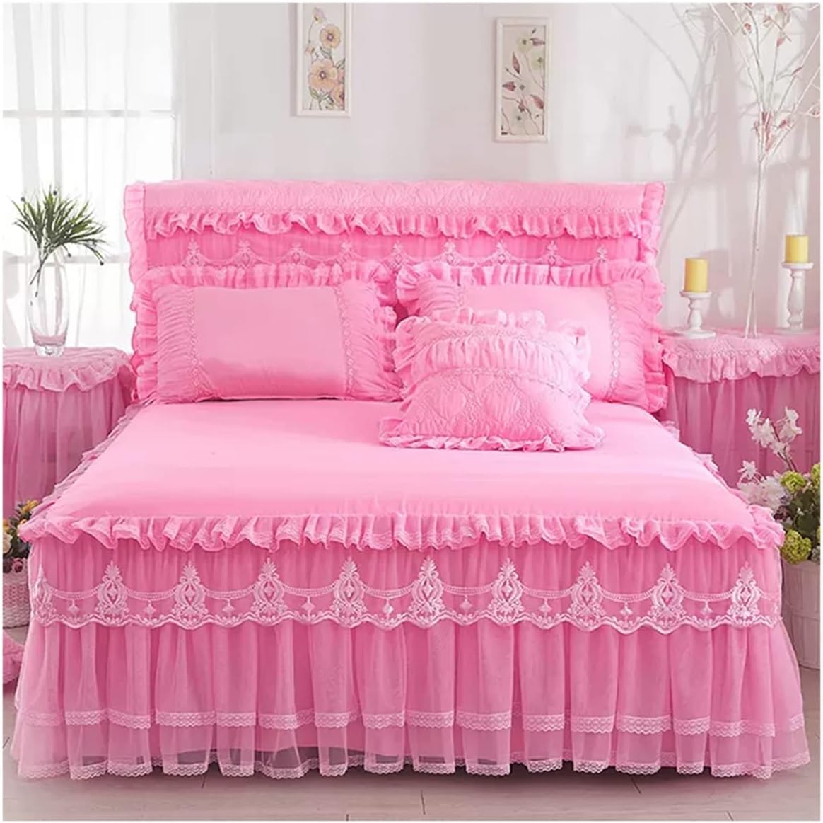 Lace Bed Skirt King Size Wrap Around Bed Skirt Sheet Set Leaf Ruffle Pleated Bedskirt for King Bed Decorative Bedspread with 2 Pillow Shams (Color : Pink, Size : 150x200cm)