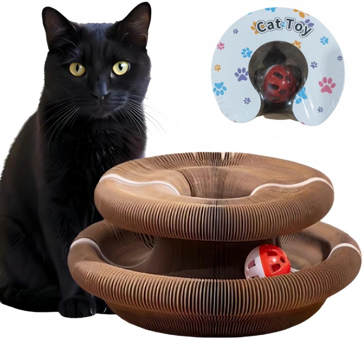 Cat Scratcher Cardboard Toy with Bell Ball, Interactive Corrugated Cat Bed for Indoor Cats, Foldable Durable Scratch Pad Lounge for Play, Exercise & Nail Trimming