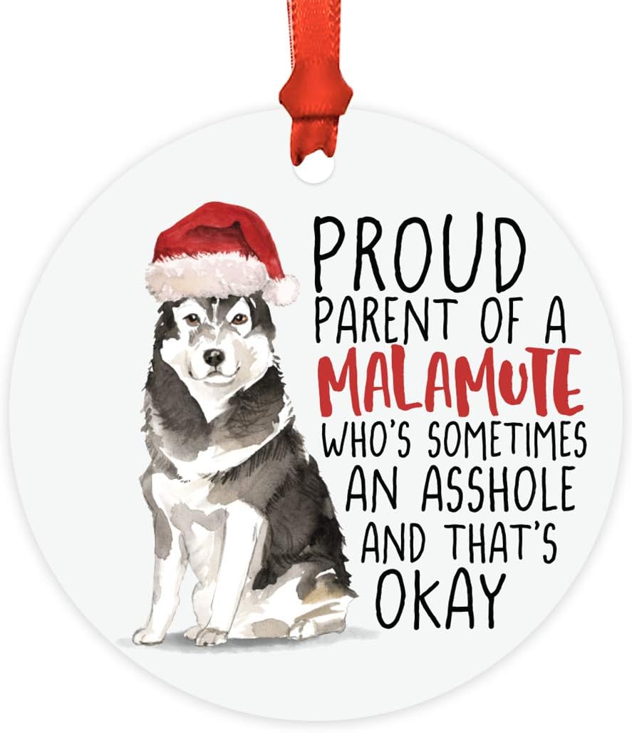 Andaz Press Round MDF Natural Wood Christmas Tree Ornament Dog Lover's Gift, Proud Parent of a Malamute, Watercolor, 1-Pack, Pet Animal Birthday Gift for Him Her Dog Mom Family