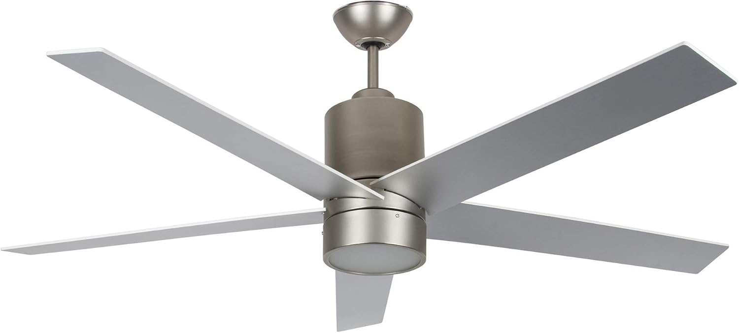 Luminance Vento Modern LED Ceiling Fan in Satin Nickel finish with five reversible blades.