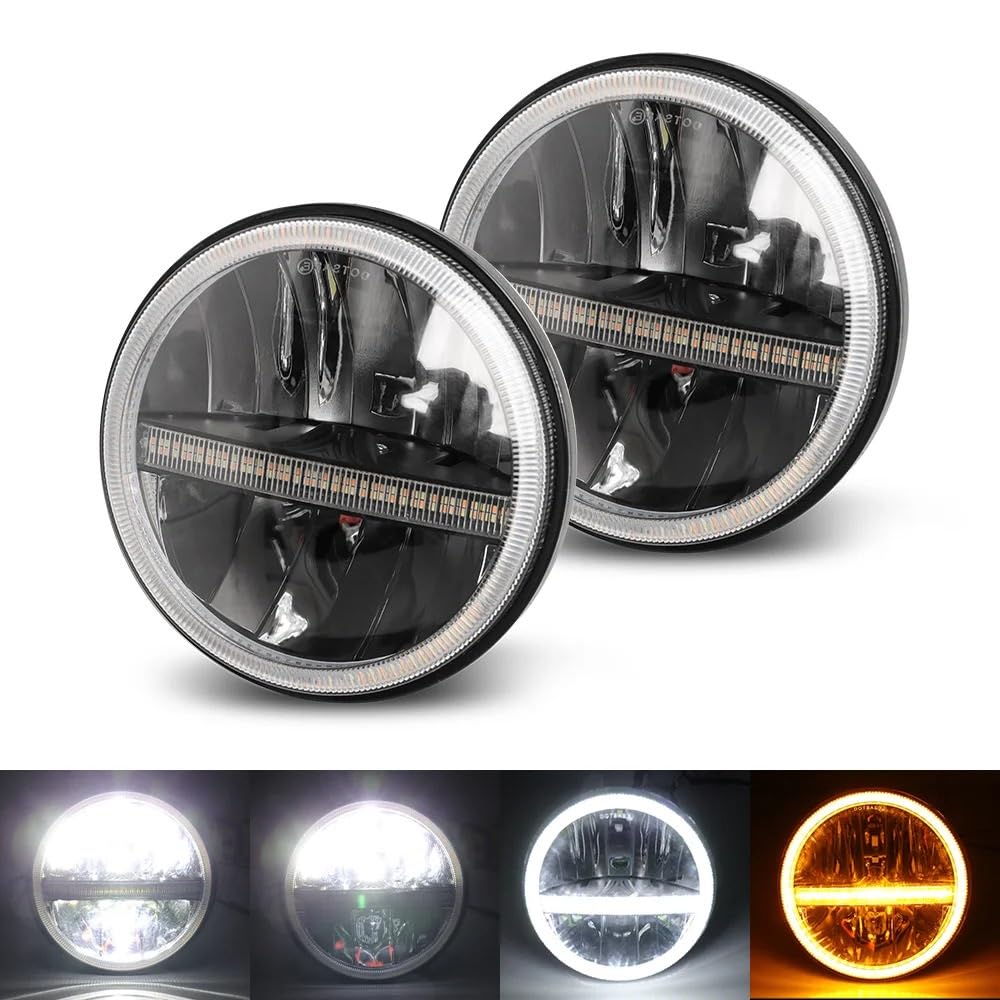 Faros de Motocicleta Luces de Niebla Compatible con todoterreno Wrangler FJ40 12V 24V 7 pulgadas faro de motocicleta Hi/Lo Beam Angel Eyes DRL doble Color 6000k + 3500k Faro Compatible