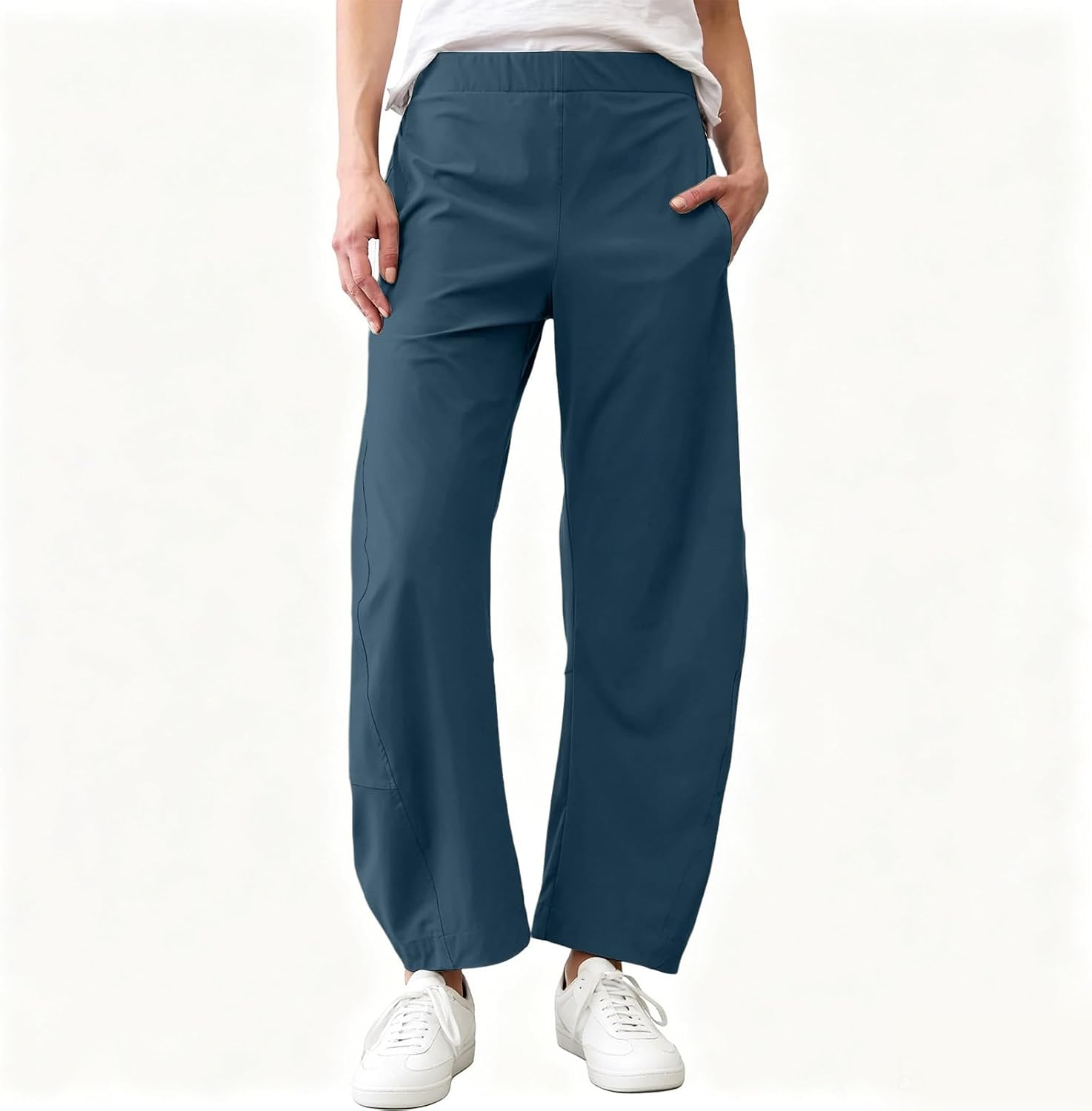 Womens Barrel Travel Pants Elastic Waistband Tapered Leg Baggy Mid Rise Work Trousers Lounge Pant with Pockets