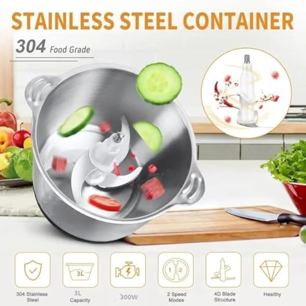 2-Speed Electric Meat Chopper & Vegetable Grinder – 304 Stainless Steel Food Processor, Mincer, Cutter, and Slicer, 3L Capacity, 400 Watts, 220V.