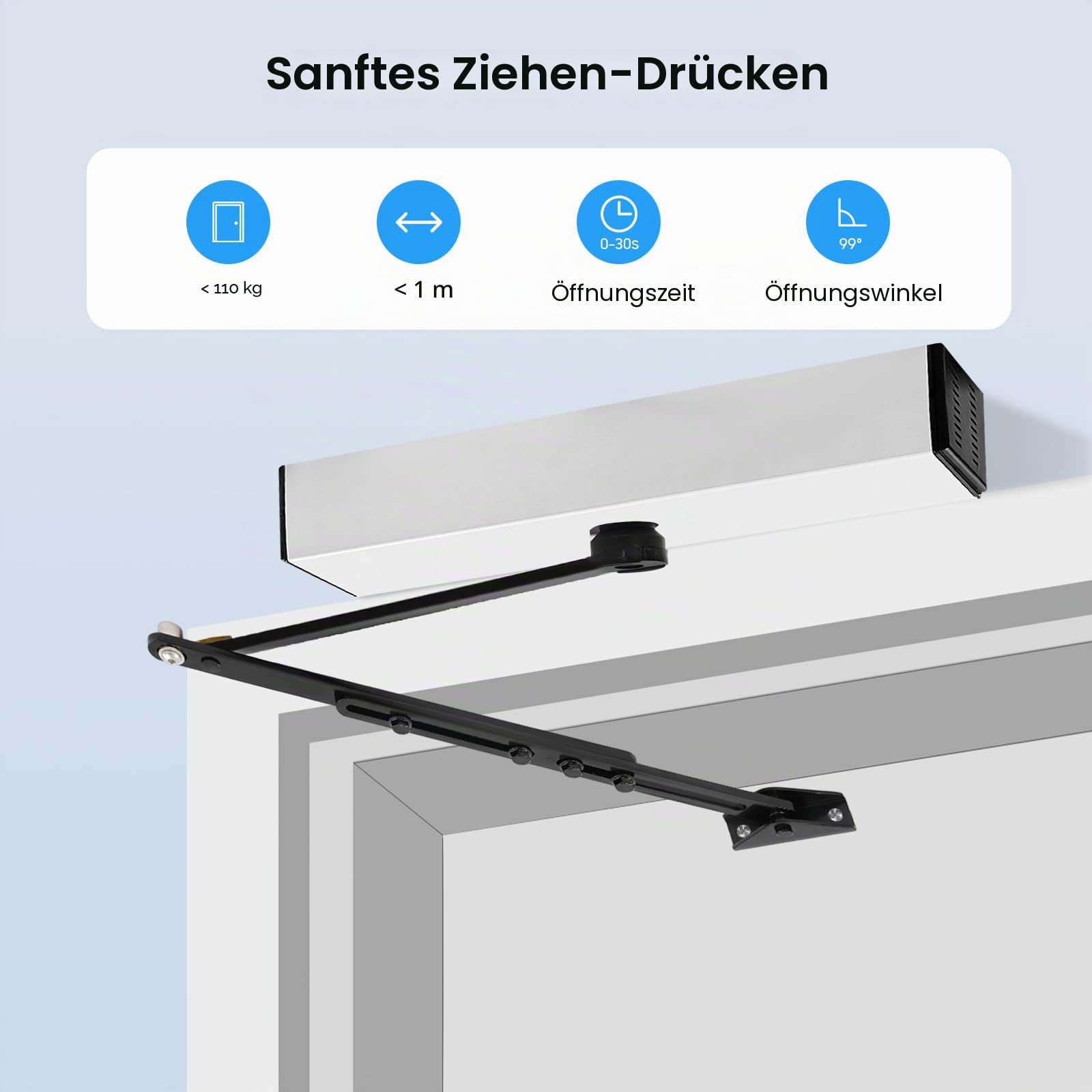 120° Automatischer Türöffner Drehtüröffner Kit, Elektrische Türantrieb Max. Türgewicht 100KG, 50W Klappbarer-Türöffner Schließer Schwingtür mit Fernbedienungen(Fernbedienungsbereich: 15m)