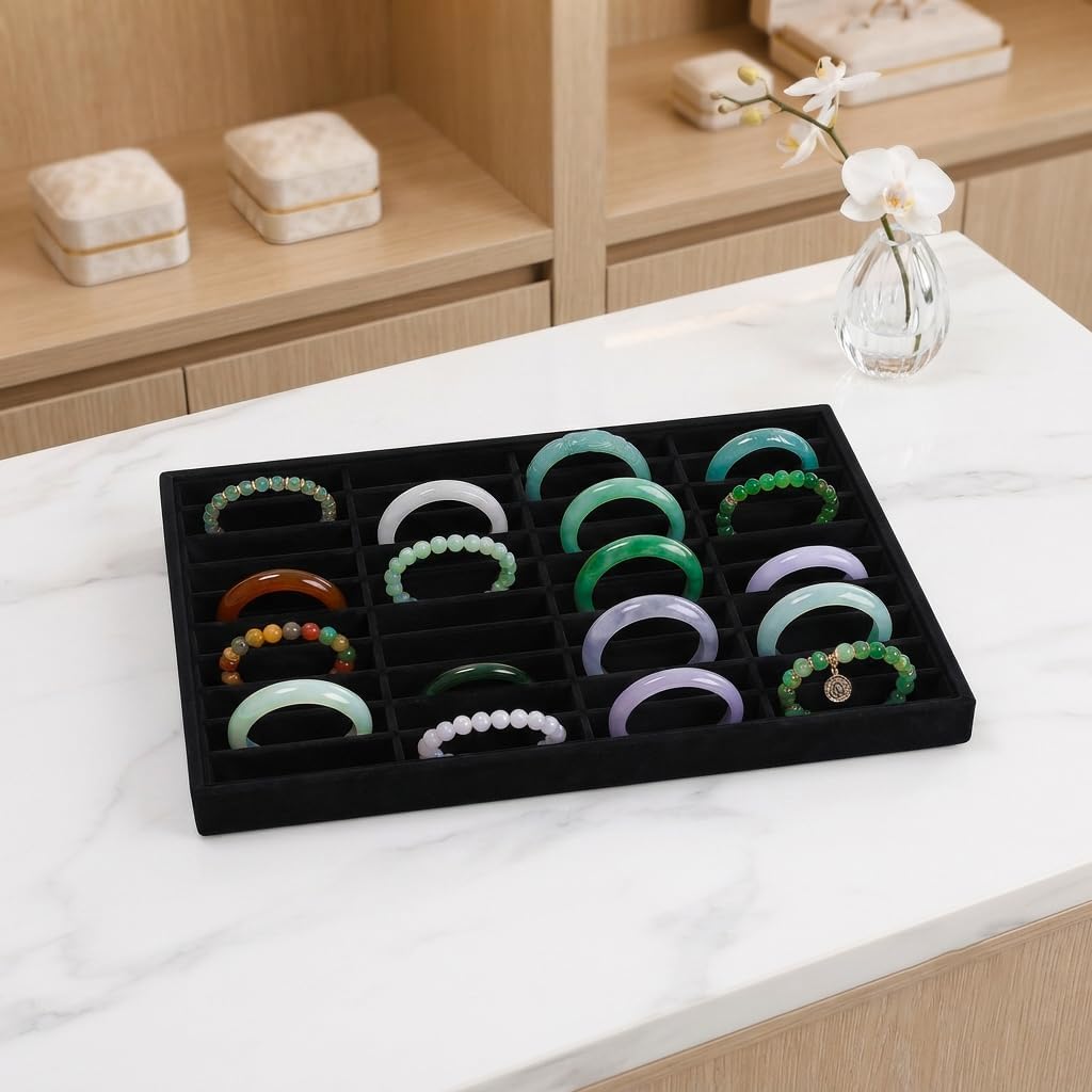 Velvet Jewelry Tray for Bracelets, Large Grids Tray with 40 Compartments