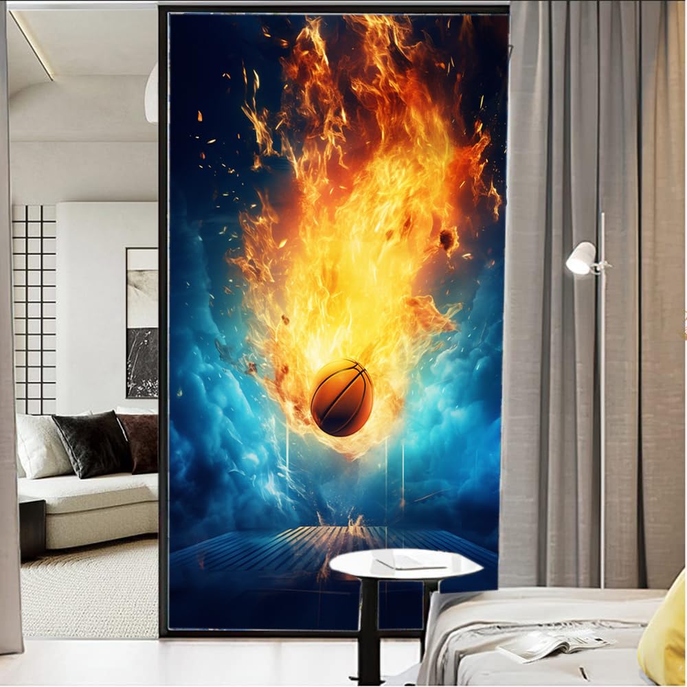 Basketball Fire Theme Blackout Window Film - Static Cling, Reusable, Privacy Cover (23.6" X 78.7")