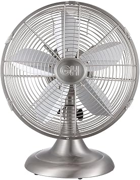 Good Housekeeping 92605 All-Metal 12" Retro Desk Office Table Fan with Wide Oscillation, 3-Speed Settings & Carrying Handle, Brushed Nickel