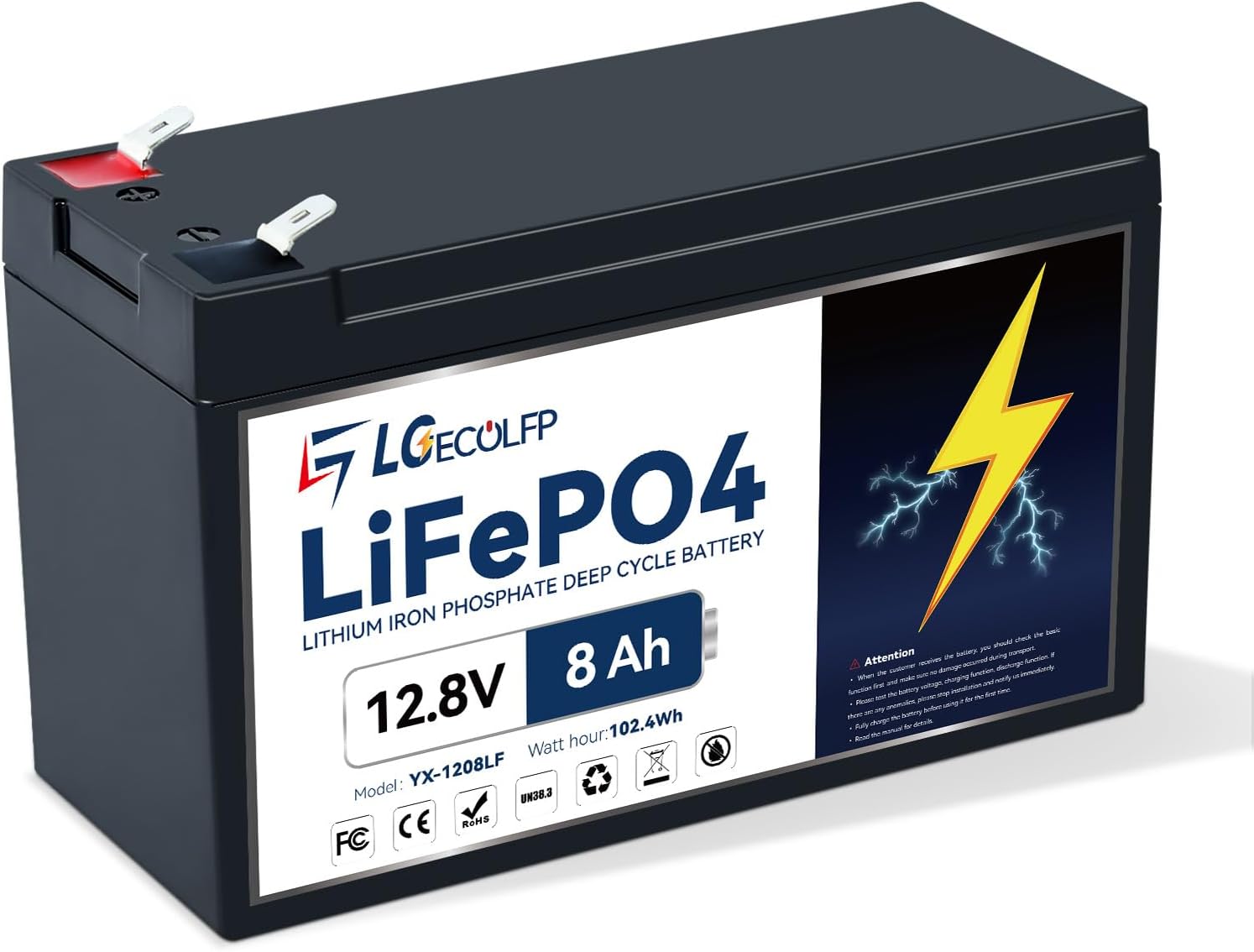 12V 8Ah Lithium LiFePO4 Deep Cycle Battery, 3000+ Cycles Rechargeable Battery Built-in 10A BMS Perfect for Ride on Toys, Scooters, Fish Finders, Small Ups Backup, Solar System, Lighting etc