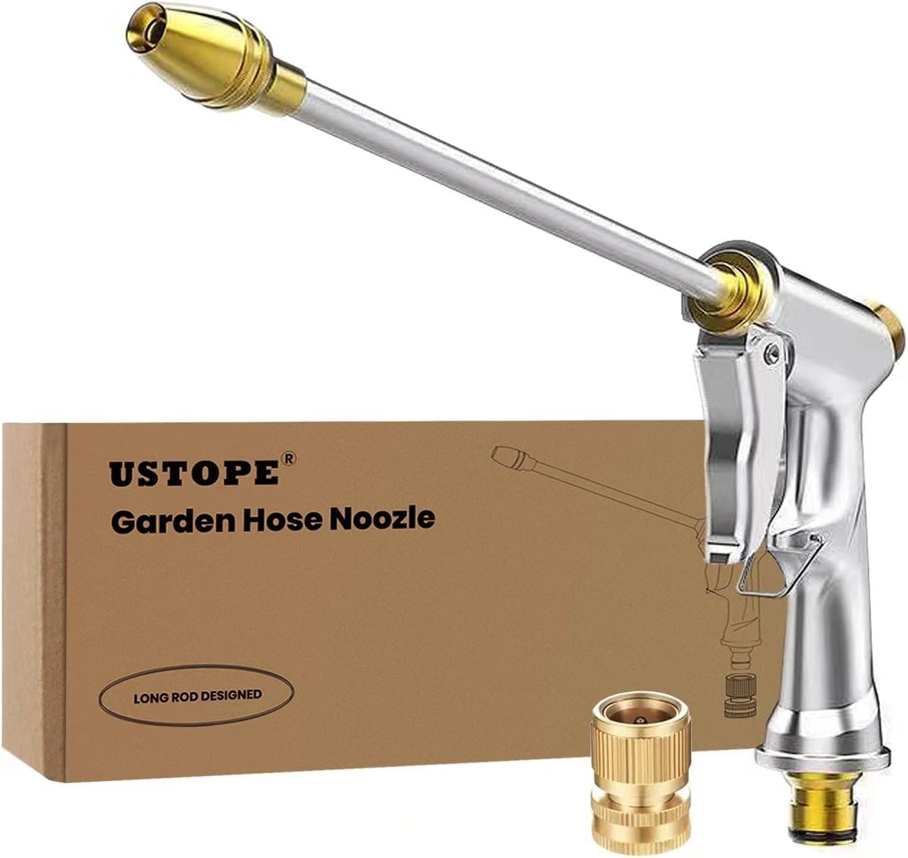Ustope Garden Hose Nozzle High Pressure Sprayer with 9.8" Extension Rod, Fits 3/4" Hoses, Metal Anti-Rust for Car Wash, Lawn Watering, Pet Shower