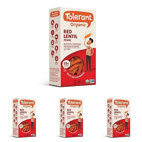Tolerant Pasta orgánica de lentejas rojas Penne (8 onzas), libre de alérgenos, sin gluten, vegana, paleo, pasta proteica a base de plantas, sin OMG,