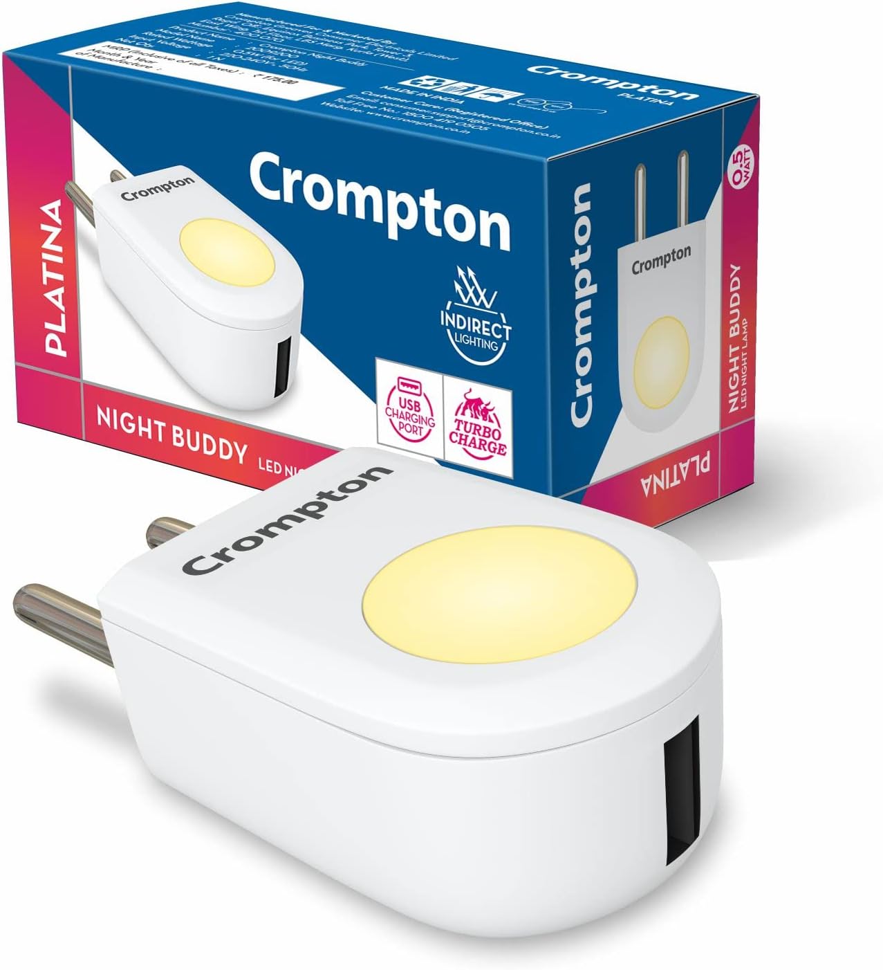 Crompton Night Buddy USB Charger + Lamp| 0.5 W |Turbo Charge | Indirect Lighting | USB Charging Point | 2 Pin Plug | Less Power Consuption | Pack of 1, LED, Plastic| Neutral White