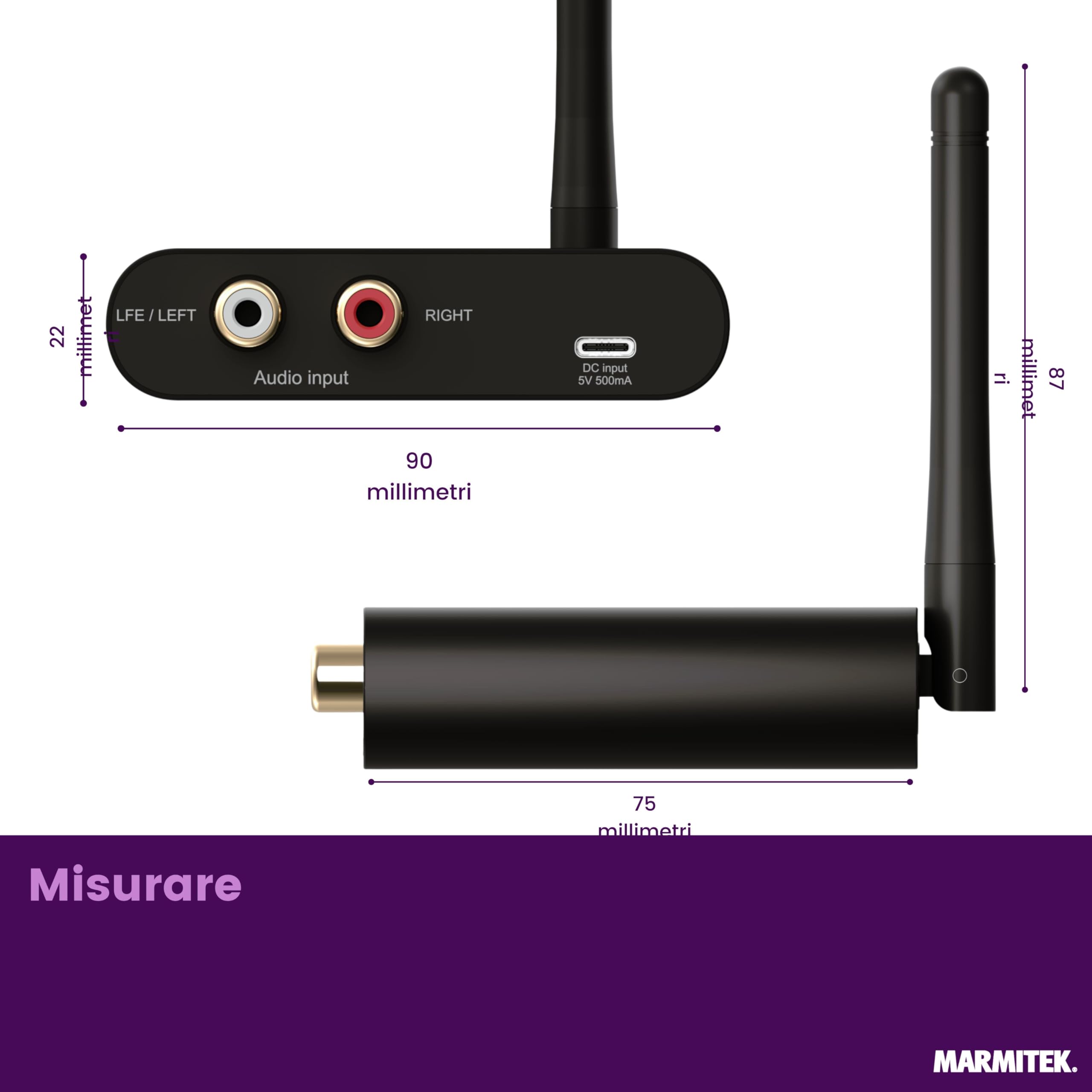 Kit subwoofer wireless Marmitek Subwoofer Anywhere 640 - Sub attivo via LFE/Line - Trasmissione digitale stabile, RCA dorati, auto standby - USB-C