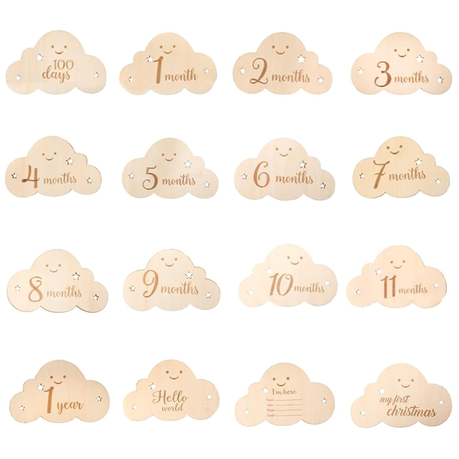 8Pcs Wooden Milestone Cloud Signs Wooden Monthly Milestone Photo Cards Baby Growth Cards Pregnancy Journey Milestone Markers for Baby Shower & Photo Props (Cloud Cards)