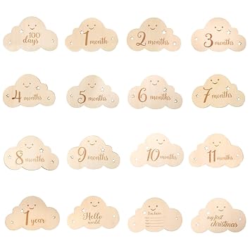 8Pcs Wooden Milestone Cloud Signs Wooden Monthly Milestone Photo Cards Baby Growth Cards Pregnancy Journey Milestone Markers for Baby Shower & Photo Props Cloud Cards