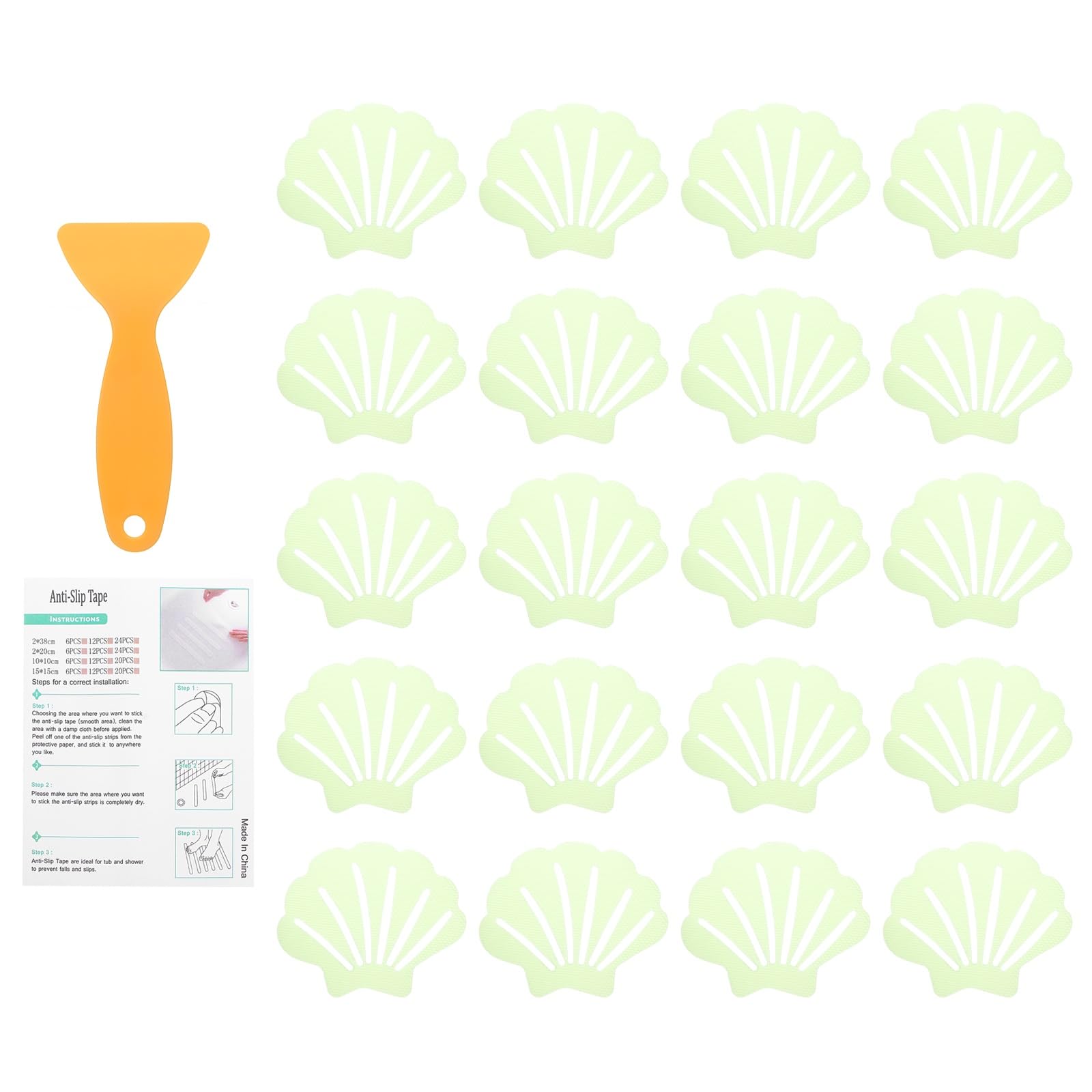 sourcing map 20Pcs Non-Slip Bathtub Stickers, 9x7 cm Shell Shape Shower Floor Non Slip Stickers with Scraper for Bathroom Shower Stairs Ladders, Luminous Green — image 1