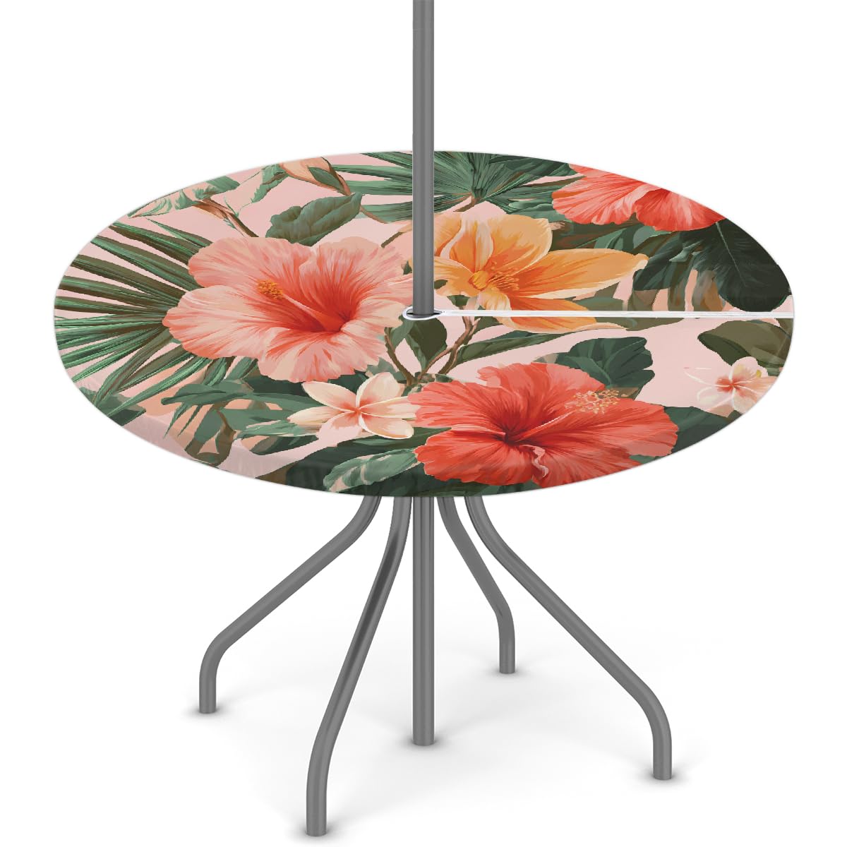 Round Garden Table Cloth With Parasol Hole, Hibiscus Flowers Outdoor Circular Fitted Tablecloth With Umbrella Hole Waterproof Elastic Edged Table Cover for Party Picnic, Fit for 45"-56" Round Tables
