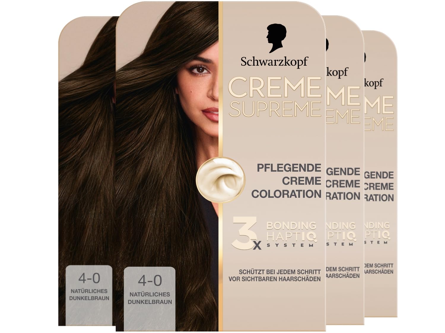 Schwarzkopf Creme Supreme Coloration 4-0 Natürliches Dunkelbraun (4x 182 ml), dauerhafte Haarfarbe mit Serum und Haar-Maske schützt vor sichtbaren Haarschäden, für 100% Grauabdeckung