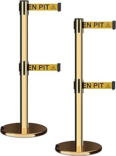 Montour Line ME630D Set of 2 Retractable Dual Belt Barrier Stanchion, Rolling Base, Polished Brass Post (9 ft Yellow with