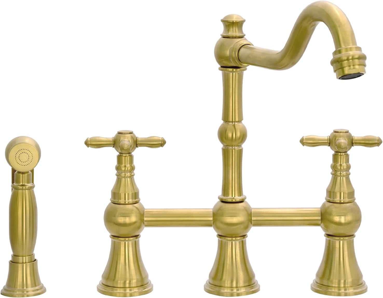 Akicon Bridge Kitchen Faucets - Solid Brass Kitchen Faucet with Side Sprayer - 2 Cross Handles Brushed Gold Kitchen Sink Faucet, AK96718N1