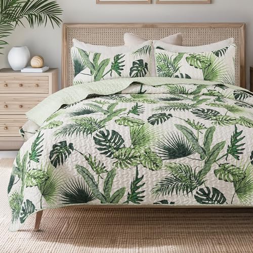 Soul & Lane Tropical Quilt Set – Twin and 1 Sham, Palm Tree Comforter Set, Hawaiian Bedding with Botanical Island Theme Design, Coastal Quilt and Green Leaf Bedspread, Tropical Paradise