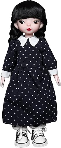 Miniatura 3 de QUEBAN Wednesday Adams - Muñeca de 11.2 pulgadas de alto y tiene trenzas negras clásicas, con caja de regalo, vestido de lunares, calcetines,