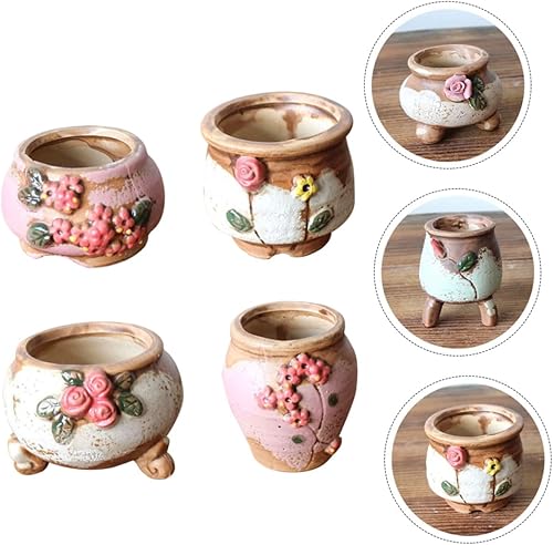 Miniatura 6 de BESTOYARD 4 macetas pequeñas para suculentas, decoración de plantas, soporte para pulgar, flores al aire libre, mini macetas de cerámica, maceta de