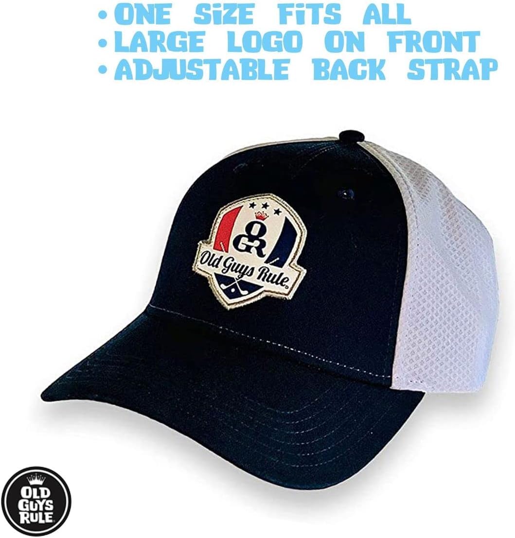 OLD GUYS RULE Men's Trucker Hat, Golf Crest - Gift for Dad, Grandpa, Husband, Father's Day, Birthday, Holiday - Classic Novelty Hat for Golfers, Golf Trip, Outdoors, Vacation, Drinking (Navy & White)