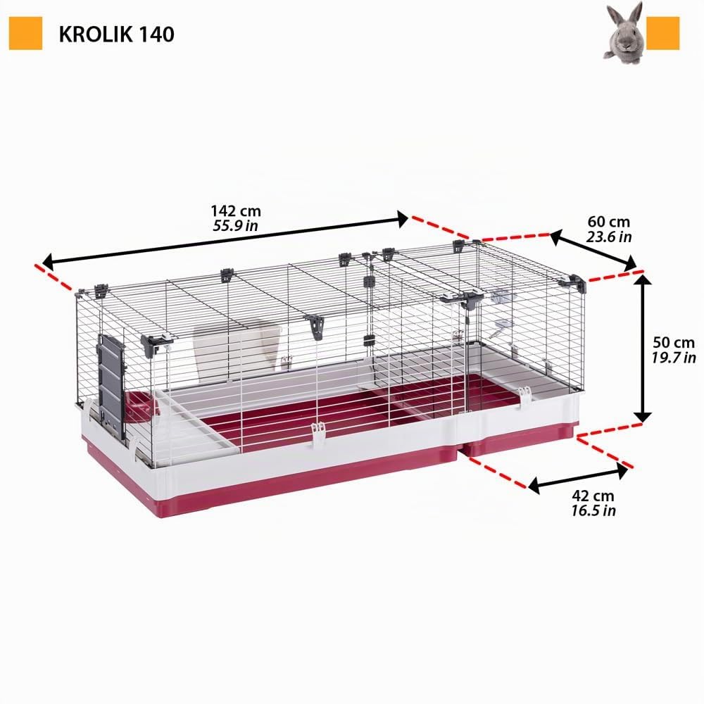 Ferplast Jaula Conejos KROLIK 140 - Espaciosa y Modular, Techo Abatible, Escalera Frontal, Clips de Seguridad - Accesorios Incluidos - Eco-Sostenible - 142 x 60 x h 50 cm