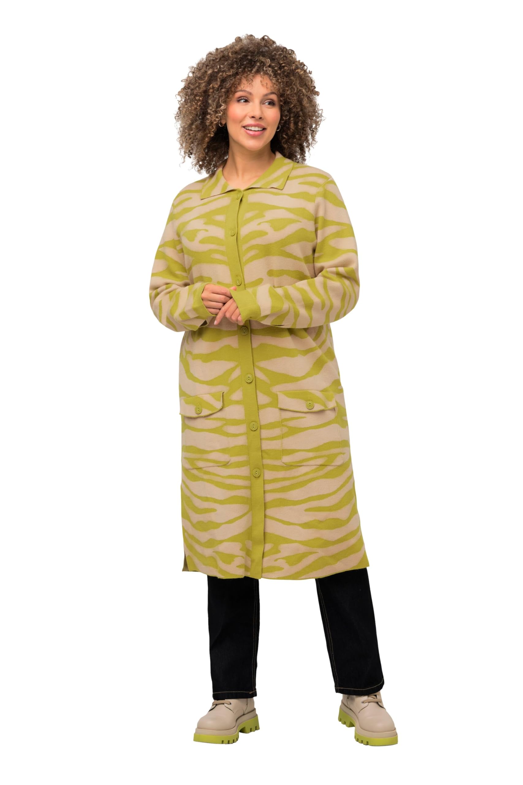 Ulla Popken Damen große Größen Übergrößen Plus Size Strickjacke, Zebramuster, Hemdkragen, Brusttaschen 819578