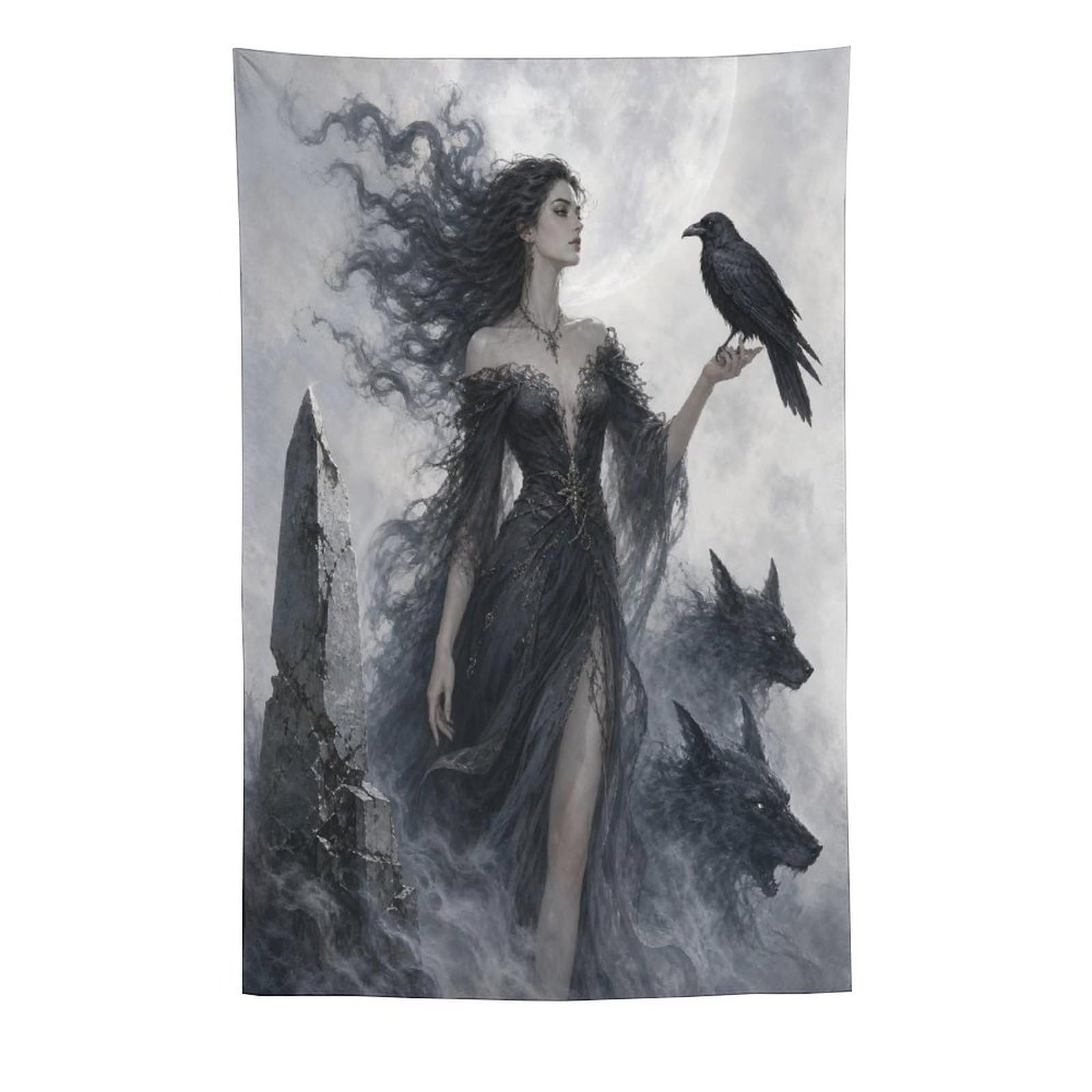 H3B8U2Y5 Raven Witch with Black Dress Wall Tapestry, Gothic Oil, Entryway