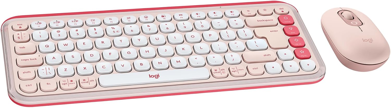 POP ICON Wireless Bluetooth Keyboard and Mouse Combo - Rose | Colorful, compact, quiet keyboard with 4 extra customizable Action Keys, POP Mouse with speed scrolling and silent clicks