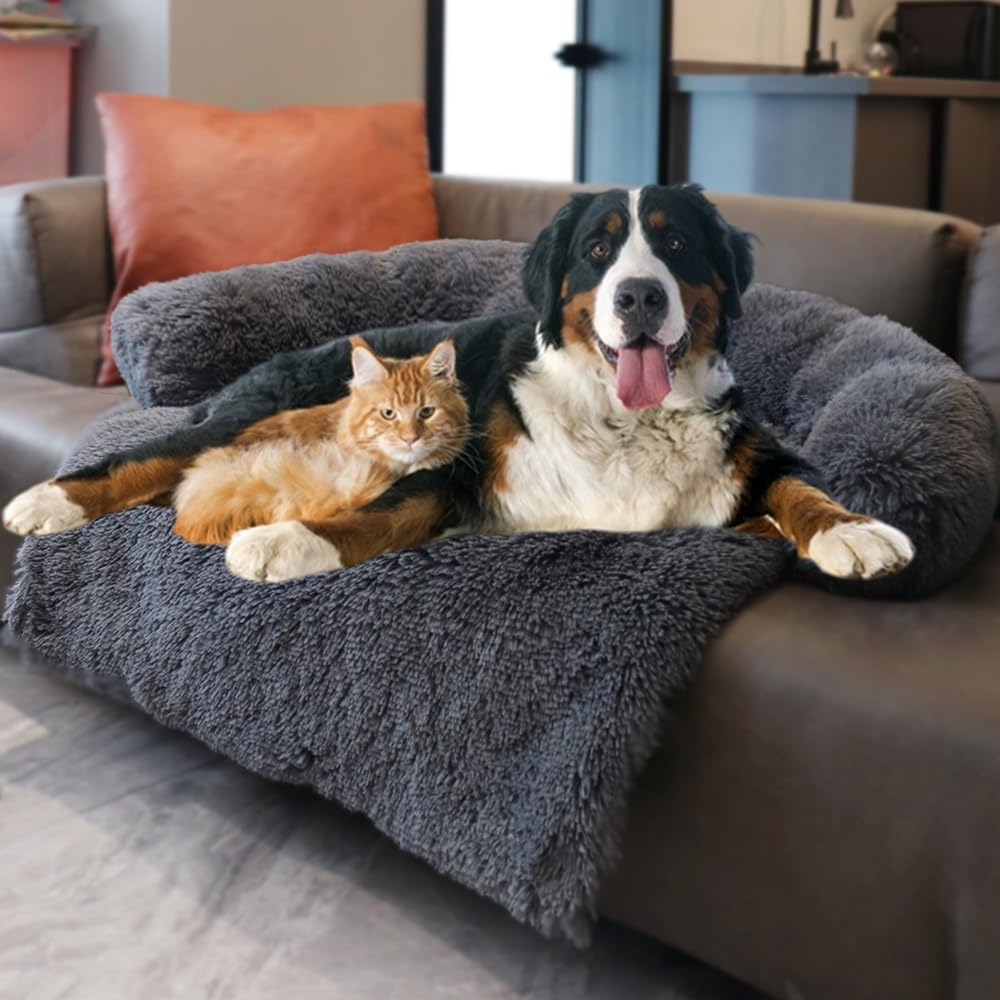 Calming Dogs/Cats Bed Mats, Dog Pad Washable Removable Couch Cover, Plush Long Fur Mat for Pets, Waterproof, Perfect for Small, Medium and Large Dogs and Cats (Dark Gray, 59"x39"x 6.0")