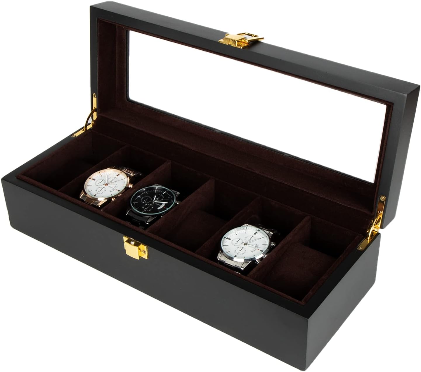 6Slot Wooden Watch Box, Solid Wood Watch Display Case with Glass Lid