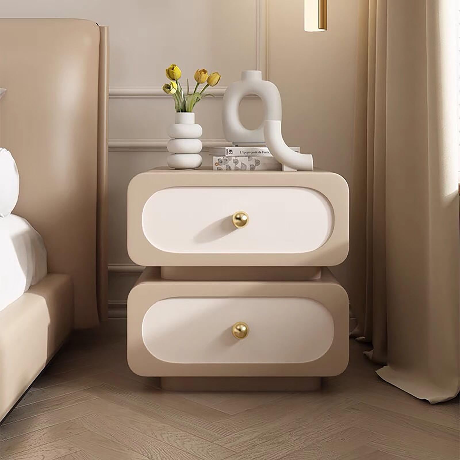 Table de chevet en bois massif noble et durable avec deux tiroirs finitions minimalistes