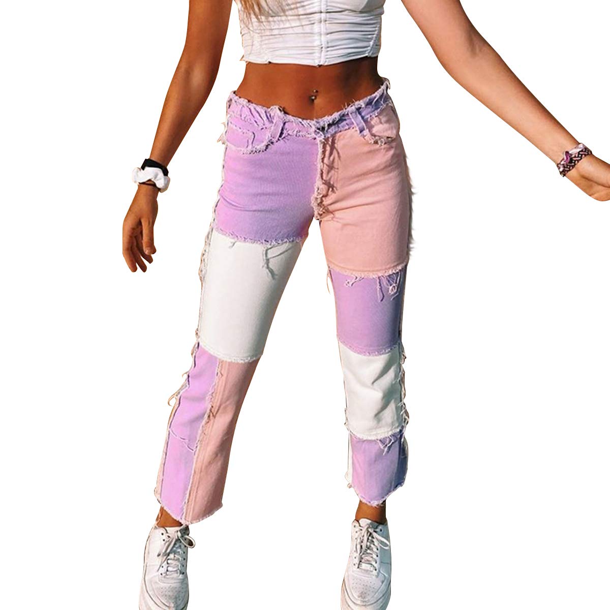 LanFSY Patchwork Jeans for Women's Patchwork Pants Hight Waist Distressed Straight Denim Jeans Casual Color Block Trousers