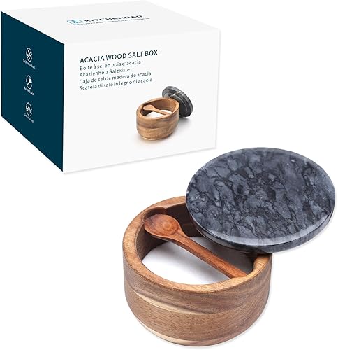 KITCHENDAO Cuenco grande de sal de acacia con cuchara integrada y tapa de mármol, recipiente de sal marina de baño de madera de acacia natural