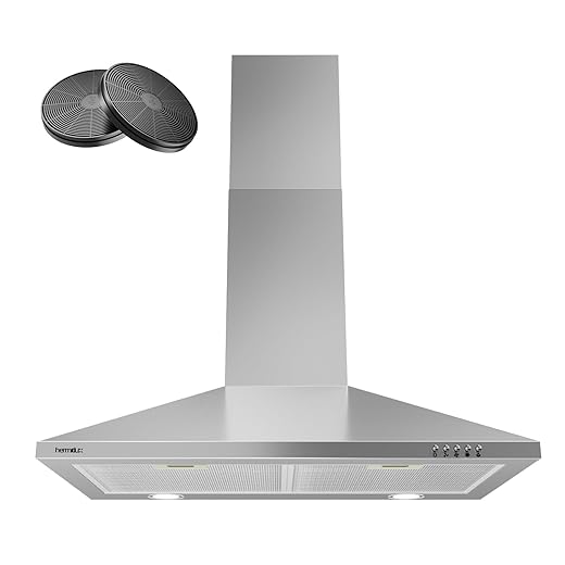 Hermitlux Range Hood 30 inch, Stainless Steel Wall Mount Vent Hoods for Kitchen with Charcoal Filter, Ducted/Ductless Convertible, 3 Speed Exhaust Fan, LED Light, Button Control