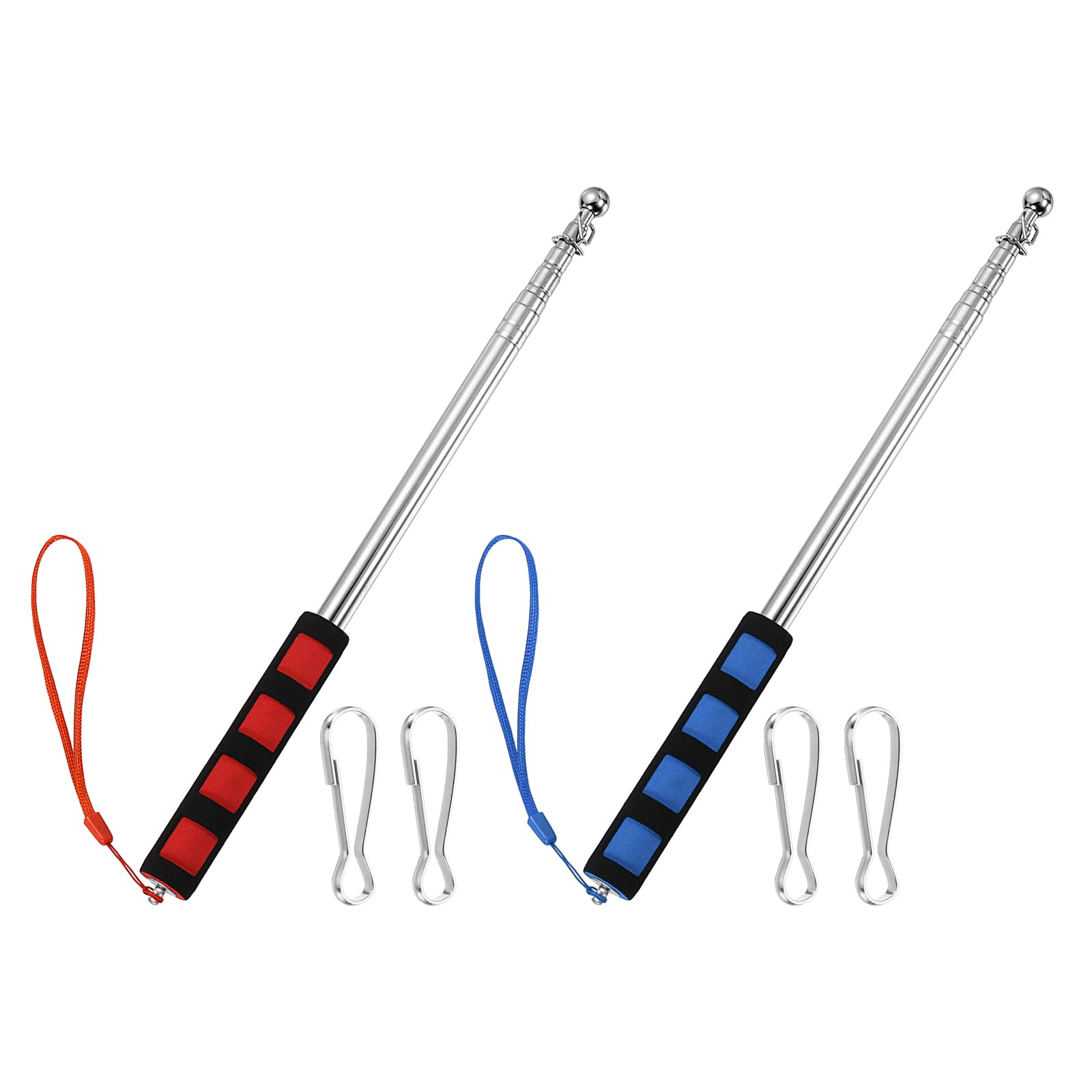 PATIKIL 2Set Telescopic Handheld Flag Pole, 4ft/1.2m Retractable Telescopic Pole Stainless Steel with Clips Extendable Banner Flagpole Pointer for Teaching Outdoor Event Parades, Blue, Red