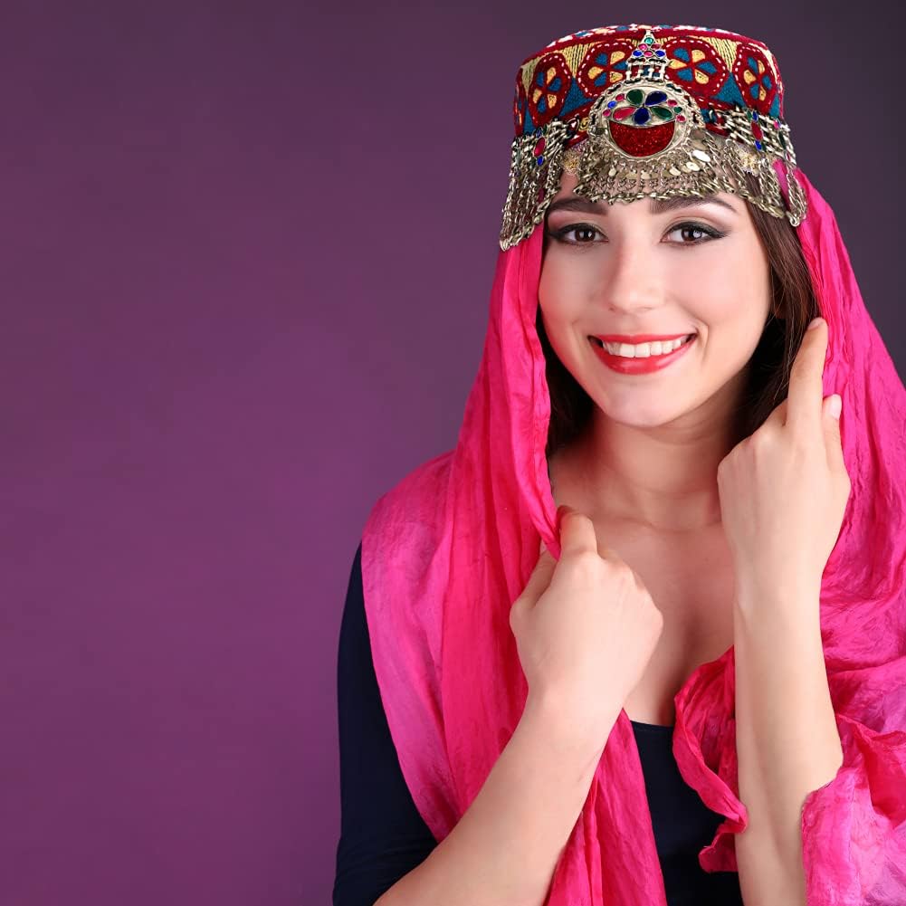 Duel On Jewel | Turkish Kayi Afghan Tribal Women’s Cap Headpiece | Oxidized Silver Medallion, Multicolor Stones & Beads