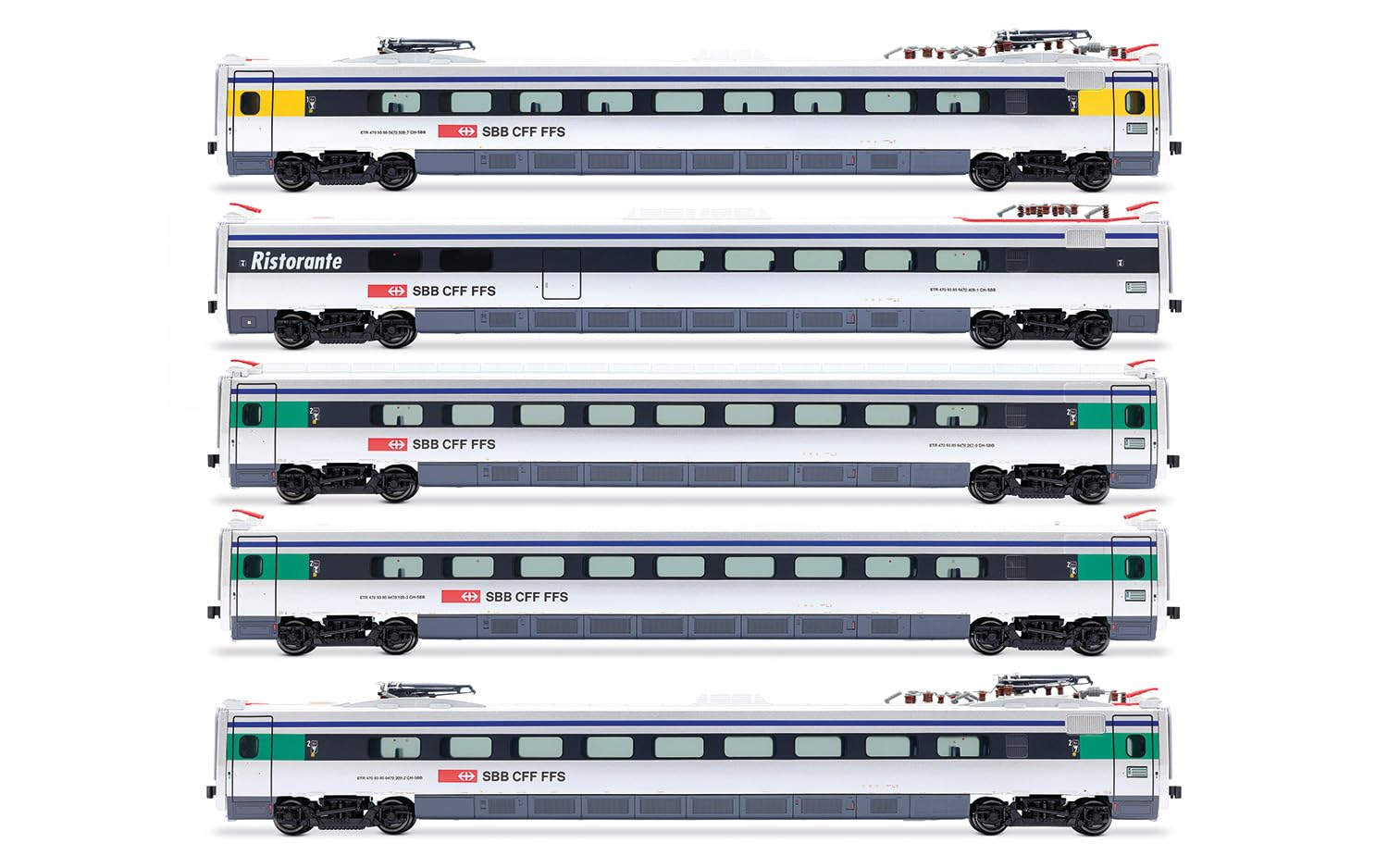 Rivarossi HR3026 SBB, ETR 470 w srebrnym malowaniu z niebieskim pasem, pakiet 5 wagonów pośrednich, odcinek V Railway 5x Coaches