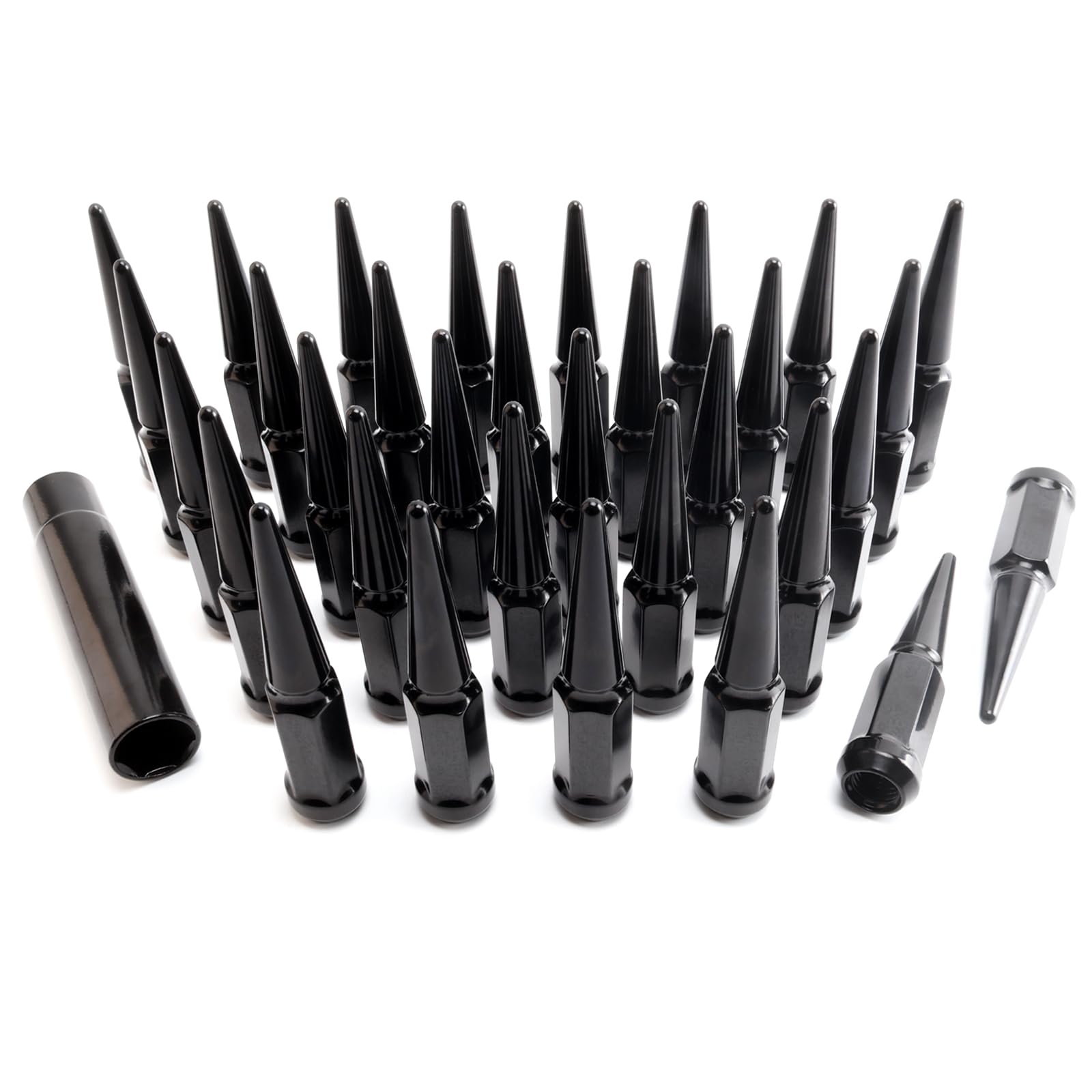 YYHHZZ 32PCS 14x1.5 Wheel Spike Lug Nuts, Black Spike Lug Nuts M14x1.5 Solid 4.4" Tall Acorn Lug Nut with 1 Socket Key Replacement for Ram 1500 2500