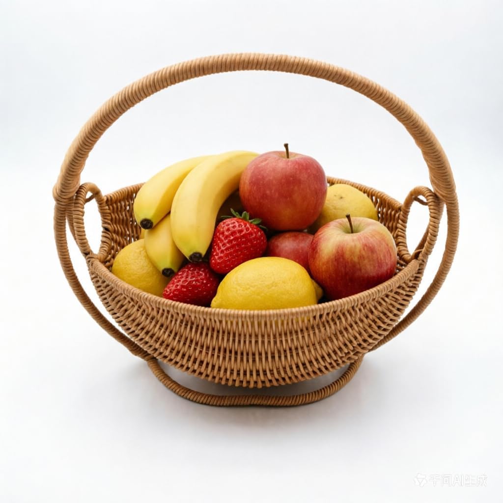 Fruit Basket Bowl Storage, Handwoven Wicker Swing Hanging Vegetables Basket, Waterproof PP Wicker Storage Basket for Fruits，Snacks & Dry Foods