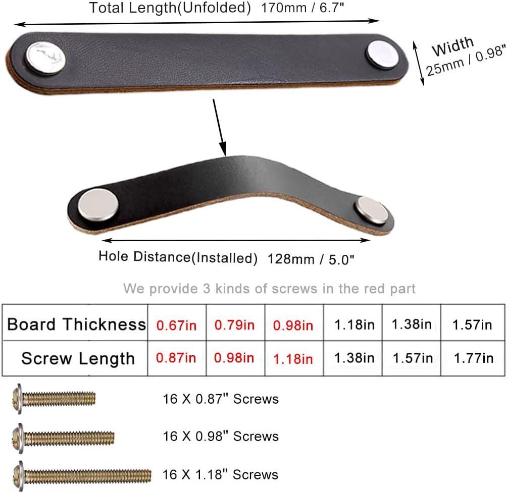 yusheng 8 Pack Soft Genuine Leather Drawer Pulls Handle,Wardrobe Cabinets Kitchen Closet Knobs Door Pulls Handles knobs with Screws,Home Decoration, Handmade (8 Pack, 6.7" - Black) image 2