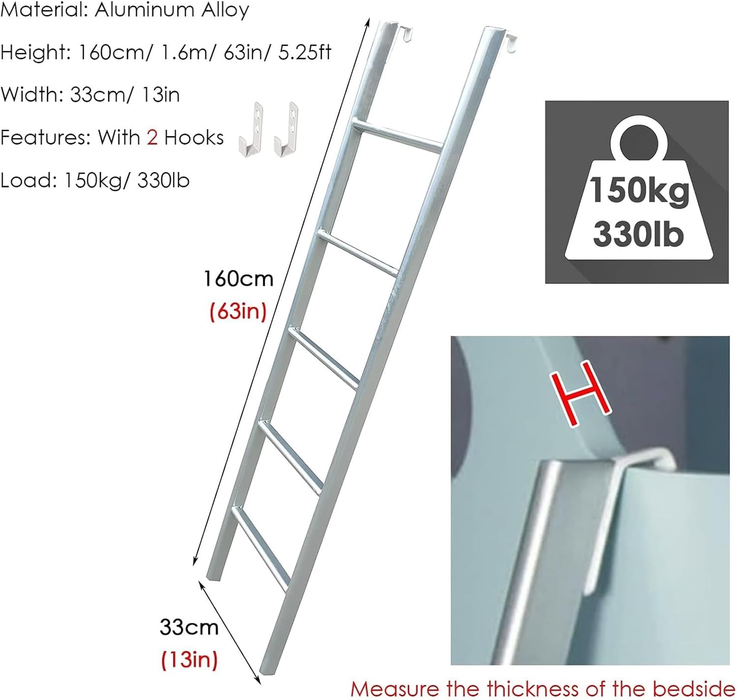 Heavy Duty Bunk Bed Ladder for Adults 63 Inch Climbing Step Ladder for Camper Trailer Loft Beds Replacement Hooks Included (White)