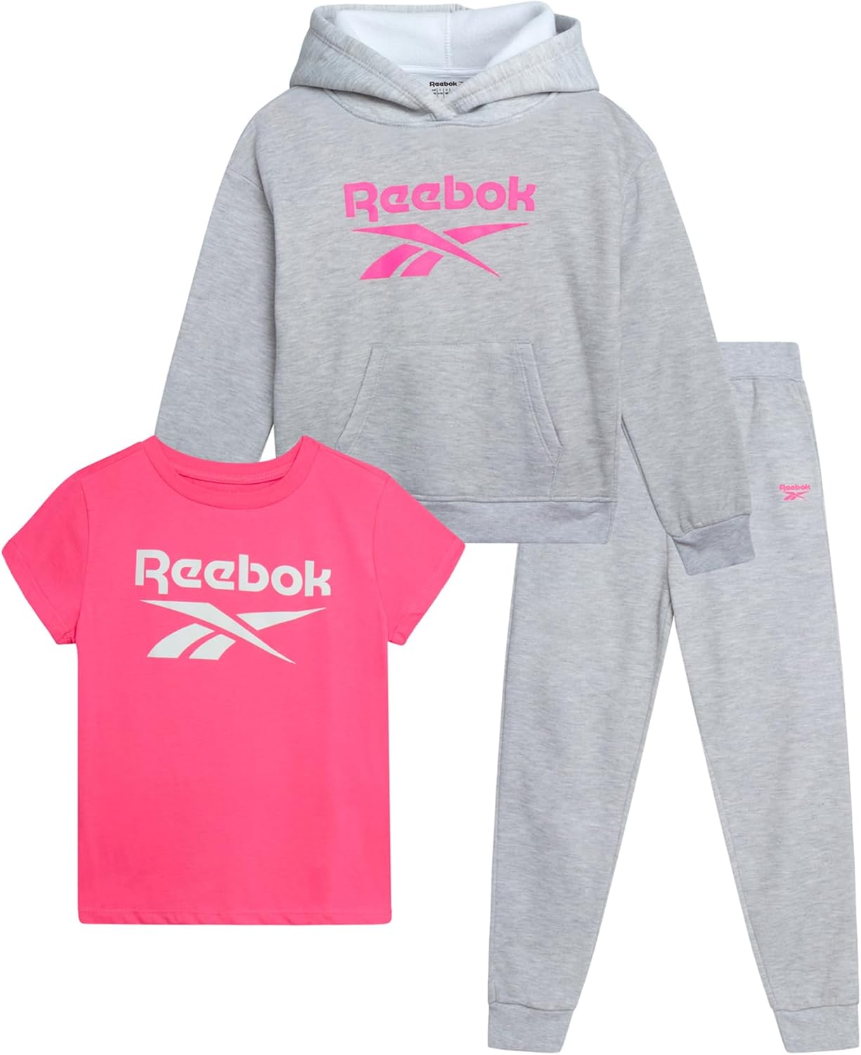 Reebok Girls' Activewear Set - 3 Piece Stylish Graphic T-Shirt Fleece Pullover Hoodie and Jogger Sweatpants Size: 4-12 Size