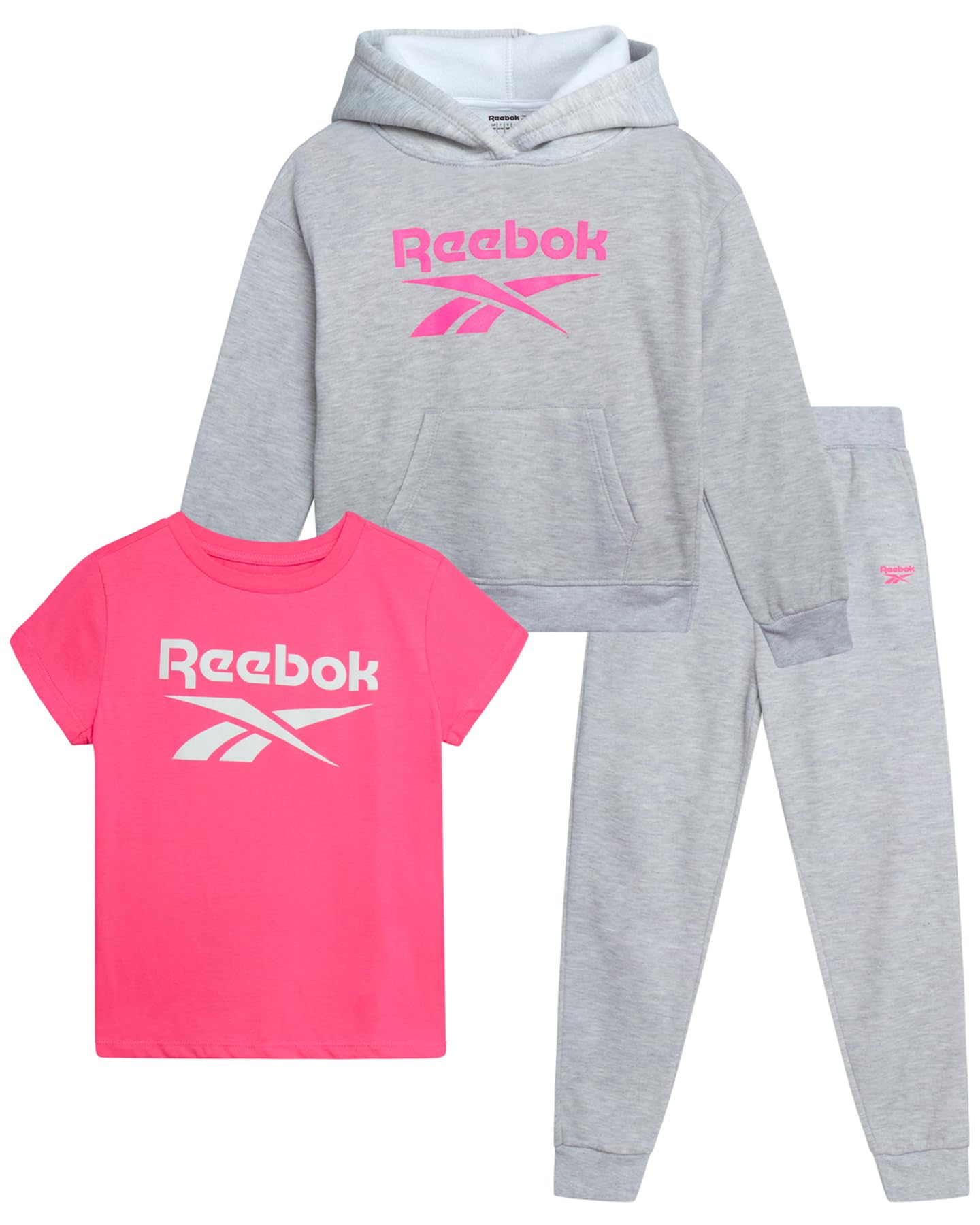 Reebok Zestaw odzieży sportowej dla dziewczynek - 3-częściowa stylowa koszulka z grafiką polarowa bluza z kapturem i spodnie dresowe do biegania Rozmiar: 4-12 rozmiar