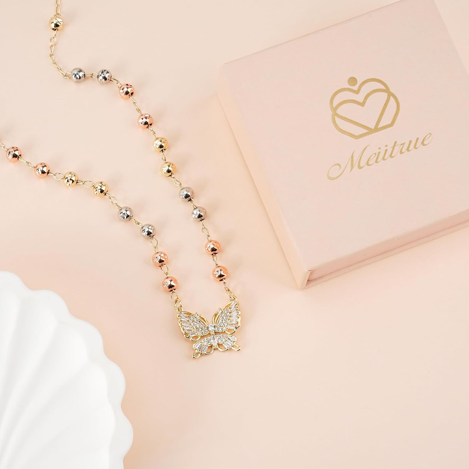 Butterfly Necklaces for Women 14K Gold Plated Dainty Cubic Zirconia Choker Necklace Trendy Beaded Chain Pendant Jewelry Gift - Image 8