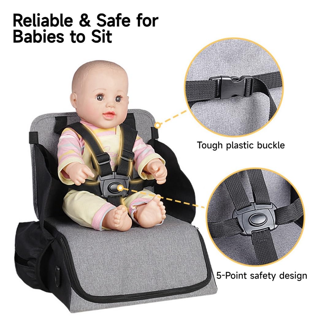 Siège rehausseur 2 en 1 avec rangement, siège pliant pour table, siège d’alimentation transportable, harnais de sécurité réglable, sac de transport pour vêtements, couches et essentiels de voyage