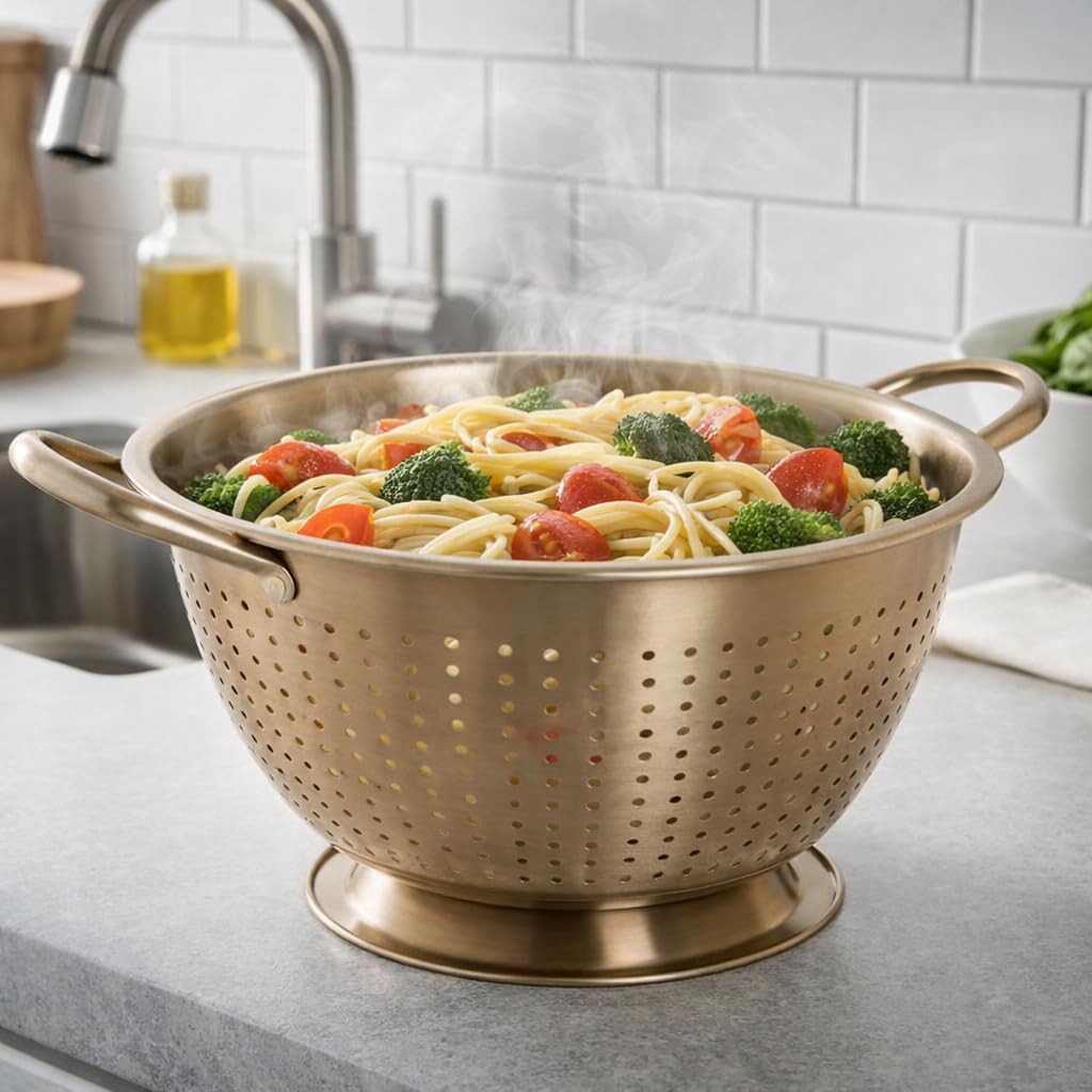 MGE - Colino da Cucina in Acciaio Inox Dorato con Manici e Base - Scolapasta per Pasta, Riso e Verdure - Colino Professionale per Cucina - Versatile Per Quinoa, Cereali, Riso, Verdura E Pasta - 24 cm
